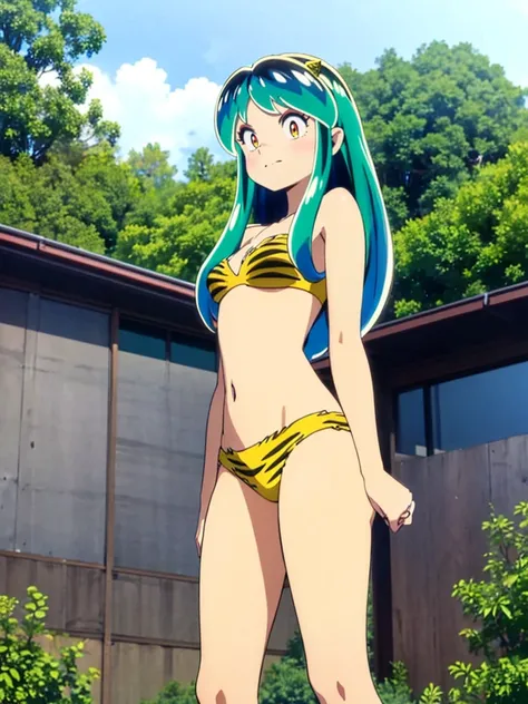 masterpiece, Highest quality, 1 Girl, Lum, Lum_比基尼, anime, Charm, 18-year-old,  Are standing,  High definition, From before, Green Hair, smile, 1980年代animeスタイル, Cowboy Shot, School zone, From below