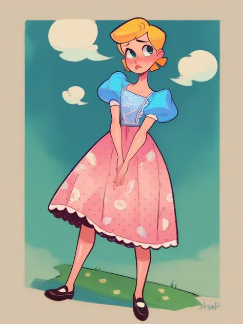 score_9, score_8_up, score_7_up, score_6_up, 1girl, dress, puffy sleeves, blue shirt, big skirt, skirt with polka dot print, sho...