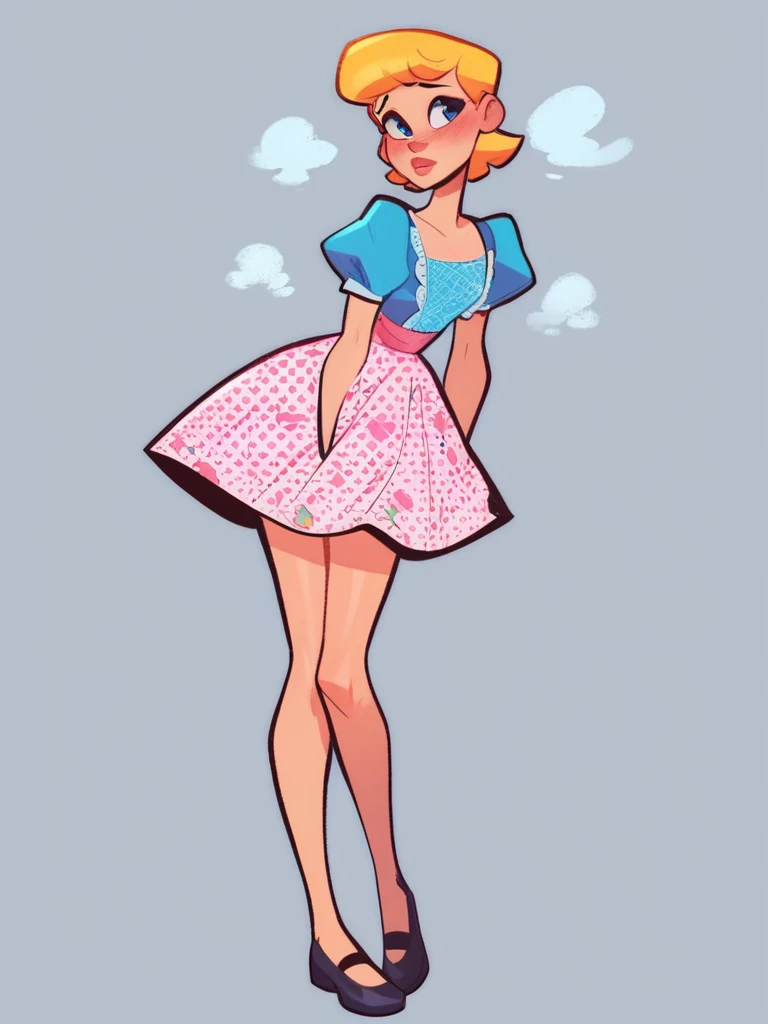 score_9, score_8_up, score_7_up, score_6_up, 1girl, dress, puffy sleeves, blue shirt, big skirt, skirt with polka dot print, sho...