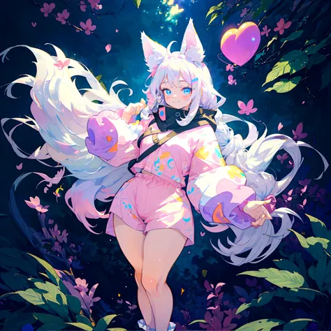 a cute adult male with wolf ears, long white hair, long locks, has a wolf tail, thick thighs, wide hips, short, wearing pink romper with a hood and pink shorts, has heart on chest, has bunny ears on hood, very slim, showing slender tummy, squishy thighs, h...