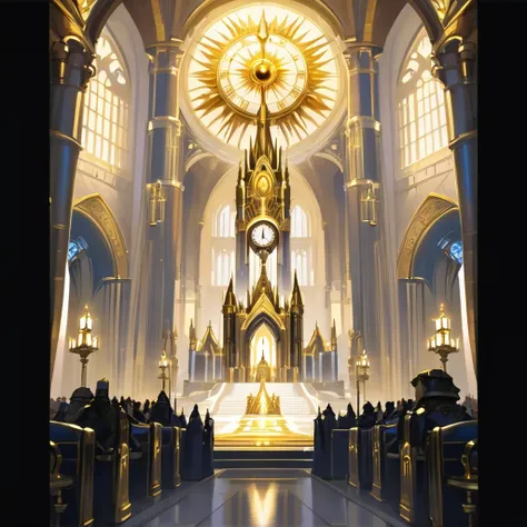 There is a photo of a large building，There is a big clock on it, Cathedral Background, Kingdom of Light Background, Stunning mysterious background, symmetry!! Concept Art, interior background technology, Concept Art magical highlight, The Golden Throne Roo...