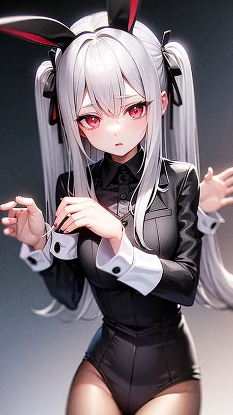 light silver hair,black buttler  suit, rabbit ear,pale red eye,silence,two front hair bundles