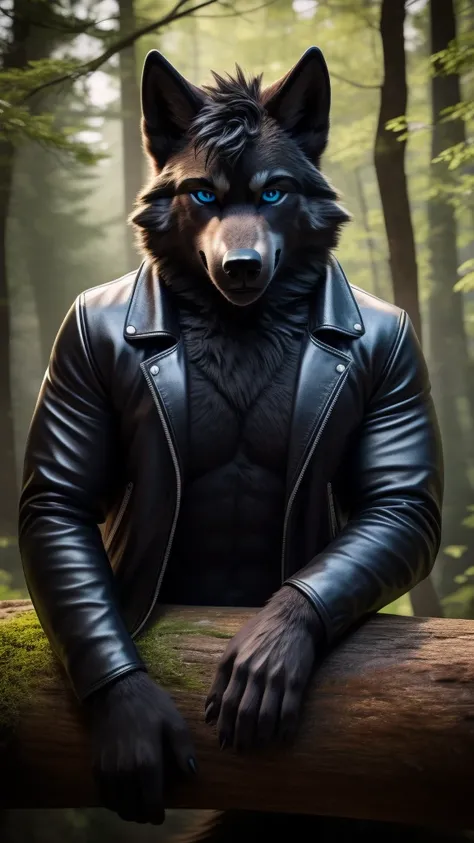 Sexy Posing, male, 30 years old, cute, eyeliner, short black hair, biting lip smile, black leather jacket, bedroom eyes, anthro, wolf ears, (black fur:1.5), wolf, forest background, 8k, hi res, (best quality, masterpiece), blue eyes, lying on log, wolf tai...