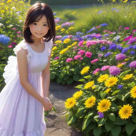 a colorful flower garden, butterflies flying, girl in cute dress, cheerful expression, sunny day, surrounded by flowers, detailed petals, vivid colors, natural lighting, lush greenery, vibrant foliage, picturesque landscape, serene atmosphere, delicate win...