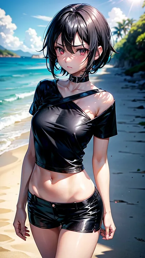 Teen girl, black short hair, white skin, black eyes, black short shirt, , slim body, quiet, sad eyes. Beach, walking,, sun day, beautiful. Anime sexy. Kurome Akame ga kill 