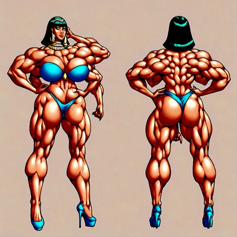 Geisha, cleopatra hair, extreme muscle, big breasts, 4 arms, full body.