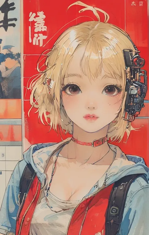 On a bright red campus"YES"Character、blonde、short hair、girl１、close up of face、Close ~ eyes、kissing mouth、date outfit