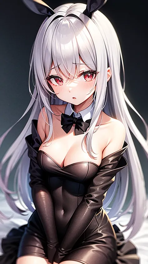 light silver hair,black buttler  suit, rabbit ear,pale red eye,silence,two front hair bundles