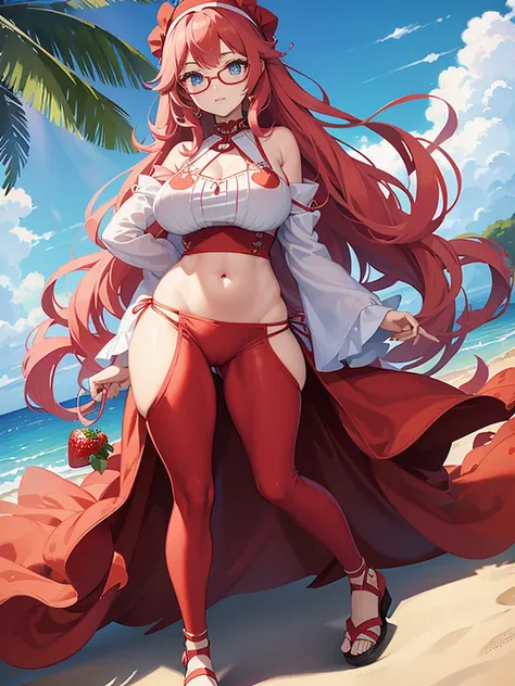 1girl, , long curly pink hair, red headband, perfect eyes, blue eyes, glasses, relaxed face, red necklace, hippie clothing, white blouse with strawberry print, red jacket, long blue skirt, red sandals, glass of strawberry juice in hand, big breasts, big as...