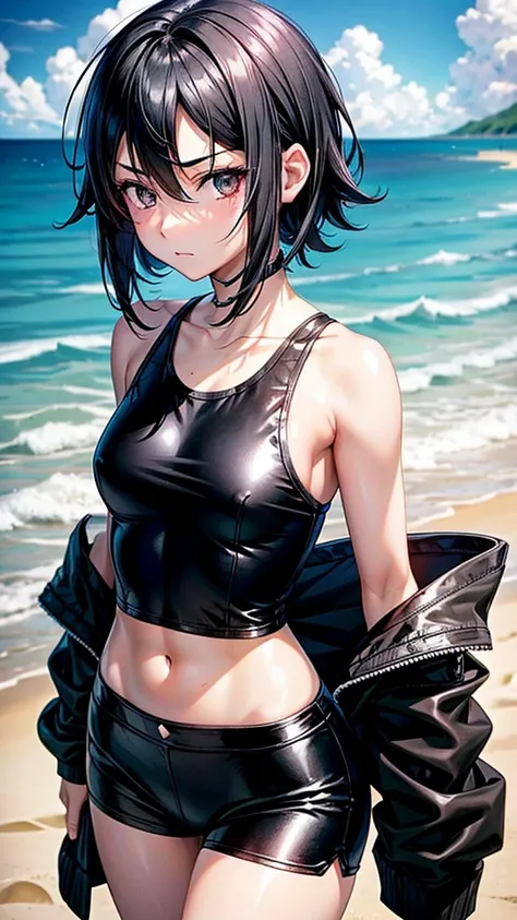 Teen girl, black short hair, white skin, black eyes, black short shirt, , slim body, quiet, sad eyes. Beach, walking,, sun day, beautiful. Anime sexy. Kurome Akame ga kill 