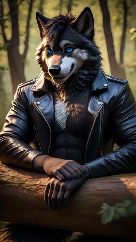 Sexy Posing, male, 30 years old, cute, eyeliner, short black hair, biting lip smile, black leather jacket, bedroom eyes, anthro, wolf ears, (black fur:1.5), wolf, forest background, 8k, hi res, (best quality, masterpiece), blue eyes, lying on log, wolf tai...