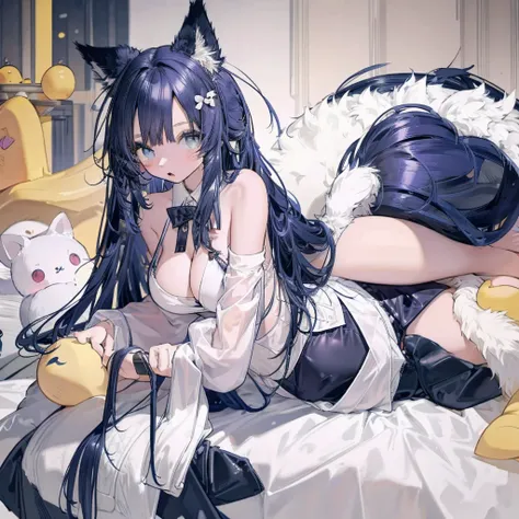 Taiwanese girl 18 years old with baby face and big breasts Asian woman wearing white shirt and black shorts lying on yoga mat，Anime Girls Cosplay，cat ears and tail, cat ears anime girl, Ahri from League of Legends is a girl wearing a maid outfit，have big b...