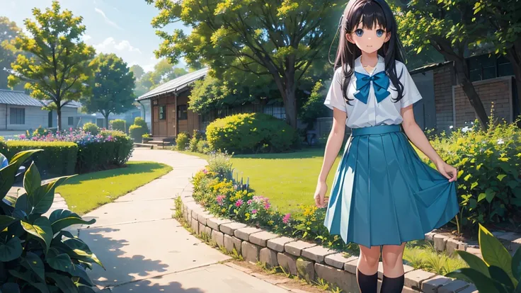 girl, student, 15 years old, Wear a uniform, Light blue skirt, Long skirt, small bow, small bow, garden, nature, nature garden, anime, anime movie