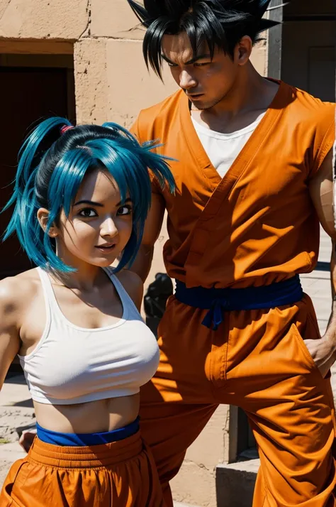 Generate an image of Goku and Bulma having sex