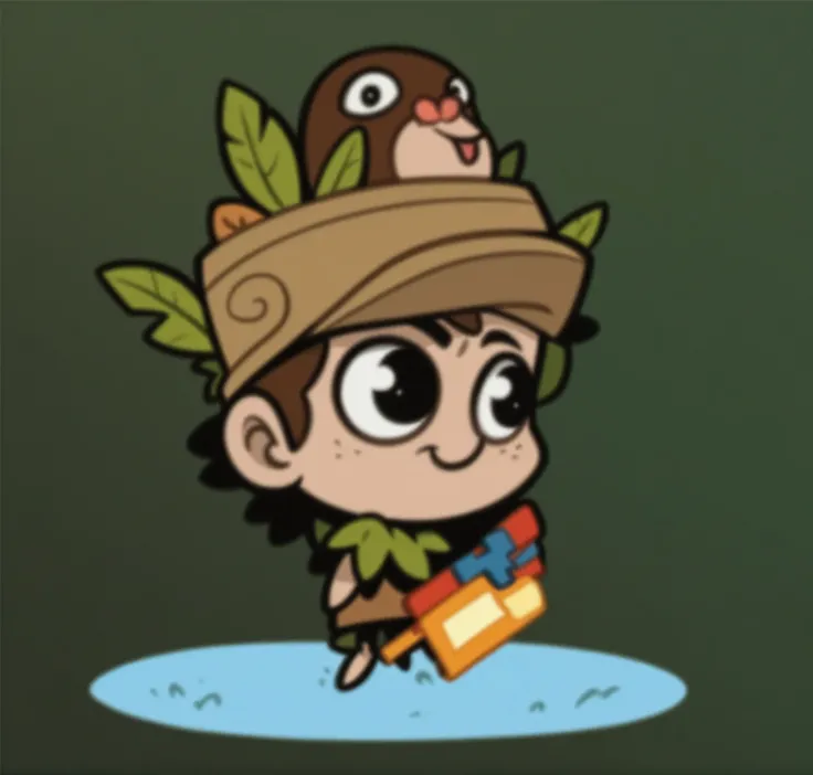 Cartoon of boy with a bird on his head, Tiny flamethrower, Red Cliff, style of Maple Valley, Bob, Maple Valley, Nature Druid, Adventure Island, Maple Valley indiana jones, Adventure Island mouse, Dwarf druids, character art of Maple Valley, Platformer, ver...