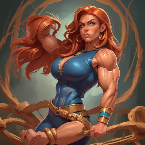 (masterpiece:1.2), (best quality), (ultra detailed), (8k, 4k, intricate),(full-body-shot:1), (highly detailed:1.2),(detailed face:1.2), (detailed background), muscle woman with red blond hair wearing blue top and gold bracelets, muscle woman, big muscles, ...