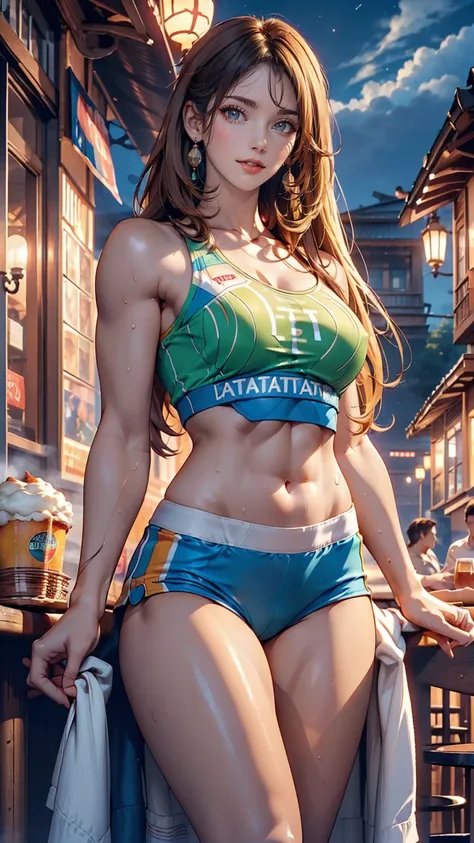 (((超High resolution, retina, Highest quality, Super detailed, High resolution, 16K))), (((Anatomically correct))), SFW, ((woman)), On the table, Wear brightly colored clothing, ((sports tube top, Sportswear)), alone, 成熟したwoman, blonde, The bottom part of t...