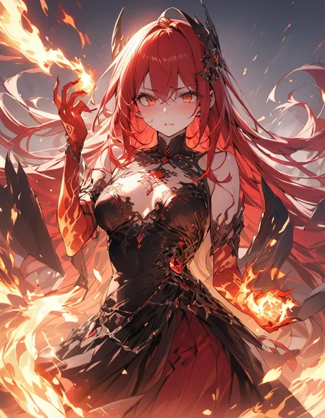 masterpiece　Detailed description　A woman with very long red hair　Very intense flames all over　Spell　
