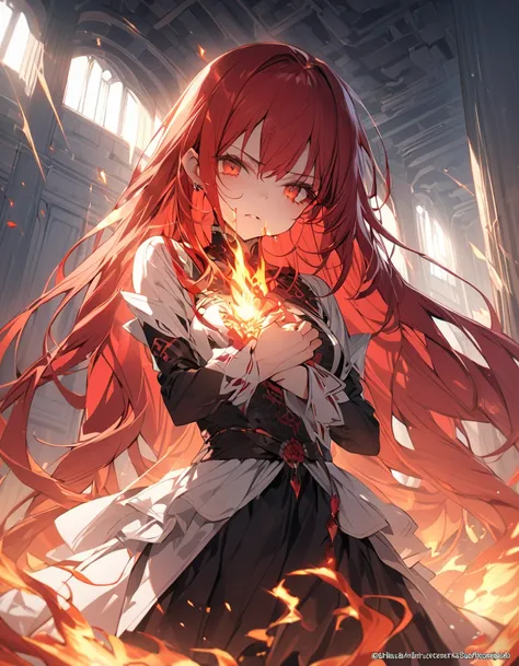 masterpiece　Detailed description　A woman with very long red hair　Very intense flames all over　Spell　
