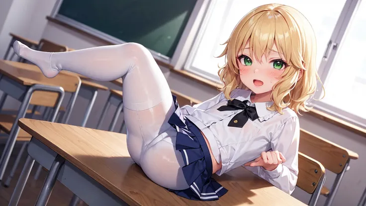 Highest quality,Highest quality,One Girl,One boy,((((10 years old)))),Flat Chest,orgasm,blush, Sweat, Sakurai Momoka,blonde,White Sarah Outfit,,Long skirt,whole body,classroom, White Pantyhose、Flip up the skirt、Spread your legs