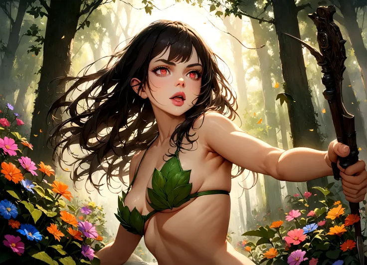 A beautiful young woman (Mila Kunis 25) with piercing eyes, delicate features, and waist length flowing dark hair with colorful flowers braided in, playing an elf in a naturalistic forest setting, wearing a fig leaf bikini and wielding a handcrafted bow an...