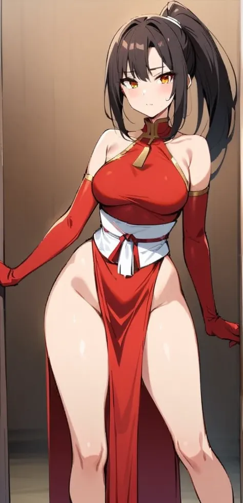 (Masterpiece, Best Quality:1.2), 1 girl, Alone,standing_to divide, 
Shiranui Mai, bare shoulders, pelvic curtain, revealing red clothing, bare arms, High ponytail, white sash,