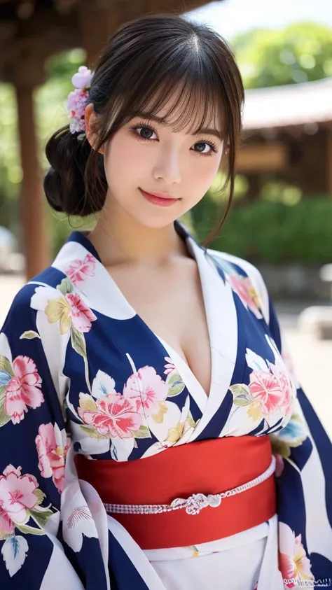 （8k、high resolution、High resolution、Fine details）Beautiful eyelashes、High resolutionの顔、Zoom out、18 years old、 Beautiful detailed eyes、Random cute hairstyles、c cup breasts、yukata、Summer festival、Japan、Standing posture、whole body、美しいヒップライン