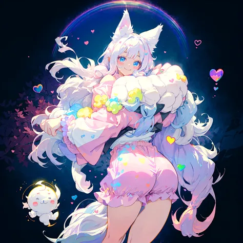 a cute adult male with wolf ears, long white hair, long locks, has a wolf tail, thick thighs, wide hips, short, wearing pink romper with a hood and pink shorts, has heart on chest, has bunny ears on hood, very slim, showing slender tummy, squishy thighs, h...