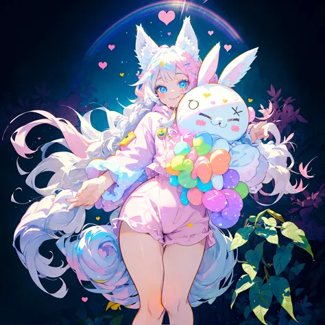 a cute adult male with wolf ears, long white hair, long locks, has a wolf tail, thick thighs, wide hips, short, wearing pink romper with a hood and pink shorts, has heart on chest, has bunny ears on hood, very slim, showing slender tummy, squishy thighs, h...