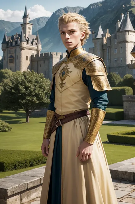 style game of thrones + 3D rendering, (((standing alone))), 1 young boy, portrait of a boy with tanned skin, blue-green eyes and dark blonde hair/brown, (((golden simple medieval clothing))), (((gentle face))), Game of Thrones style clothes, (((giorno, gio...