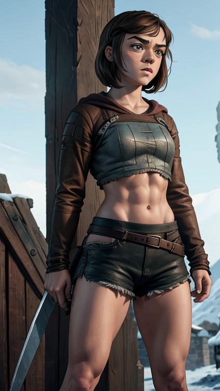 8k, maisie williams face, athletic physique, toned abs, small breast, round ass, her round ass visible, brown hair, maisie willi...