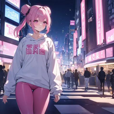 a woman wearing a white sweatshirt with pink kanji writing on the sweatshirt, tight pink pants, mature body, pink sports shoes, ...