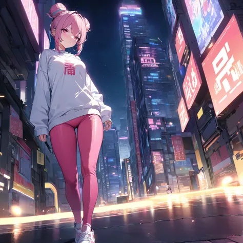 A woman wearing a white sweatshirt with pink kanji writing on the sweatshirt, tight pink pants, mature body, pink sports shoes, hot pink hair, gray fringes, multicolored hair, pigtail hair buns, pink eyes, walking on a sidewalk in a big city, background bu...