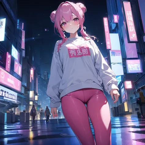 A woman wearing a white sweatshirt with pink kanji writing on the sweatshirt, tight pink pants, mature body, pink sports shoes, hot pink hair, gray fringes, multicolored hair, pigtail hair buns, pink eyes, walking on a sidewalk in a big city, background bu...