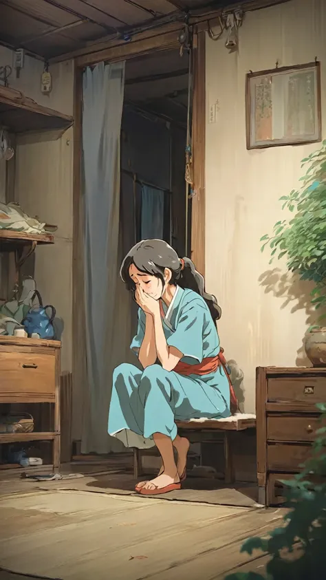 Ghibli style、A woman crouching in tears in her room