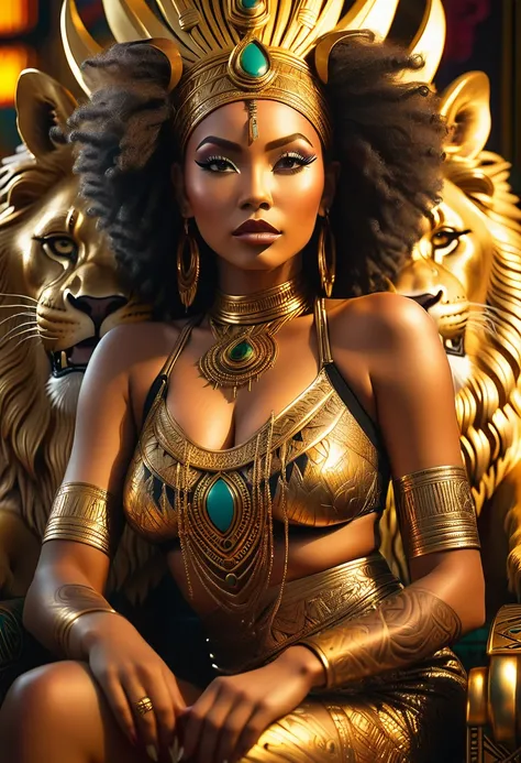 a beautiful busty African Asian tribal woman,detailed face and eyes,long eyelashes,intricate tribal tattoos,sitting on a golden art deco lion throne,extremely detailed,photorealistic,8k,cinematic lighting,dramatic shadows,vibrant colors,warm lighting