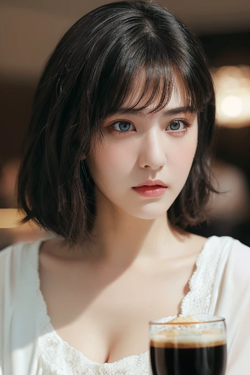 (award winning, 8k, super detailed, high resolution, best quality, photography, portrait), 1girl, solo, beautiful girl, beautiful eyes, detailed eyes, (black eye), white blouse, short hair, black hair, cafe background, POV, ((upper body))