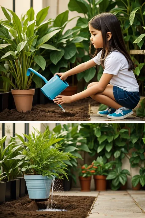 Create a 2D image of a girl watering a planted plant 