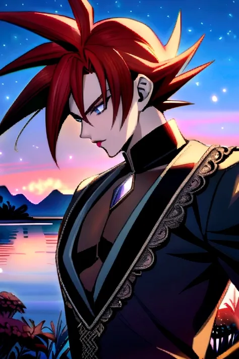 Goku black eyes black clothes in front of a beautiful lake that shines with the moonlight kissing his partner on the lips on the chest Rias Gremory blue eyes red hair 