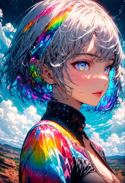 woman， Silver flowing short hair, Cosmic eyes,  Beautiful sky, Beautiful clouds, In summer，Improve resolution