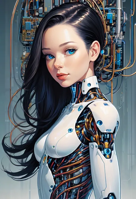 The portrait of an sexual android with the appearance of a beautiful young woman, anatomically correct, which has a semitransparent body, which allows you to see parts of its circuits, mechanical and organic parts and with the style of illustrator Lee Evan...