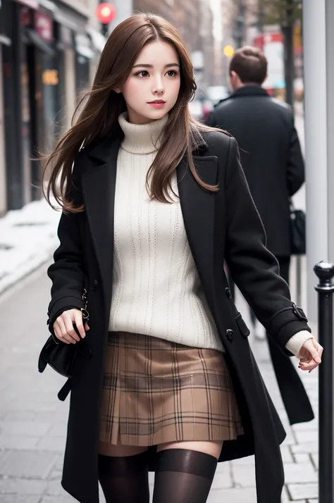 Create a photo of a woman, with very light brown hair, wearing a plaid skirt, white blouse under a black coat, tights and high boots