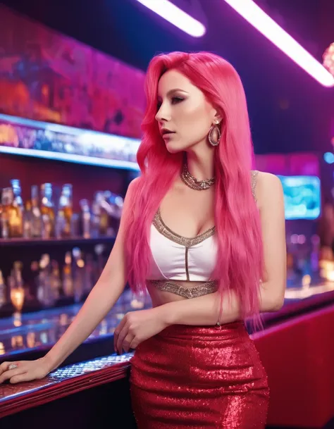 beautiful woman with long pink hair, styled hair, jewelry, beads,wearing red tight skirt and red, unbuttoned shirt, cleavage top,going for night club,dynamic poses,far away shot, 16K, photorealistic, UHD, RAW, film grain
