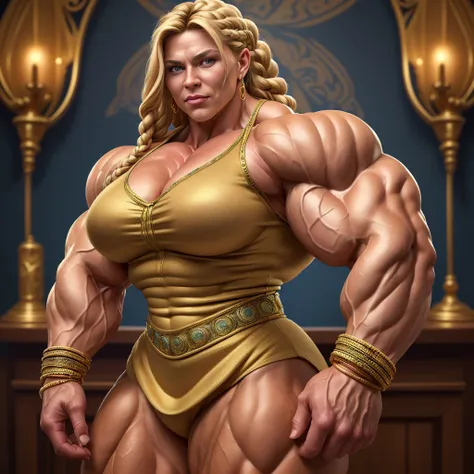 (masterpiece:1.2), (best quality), (ultra detailed), (8k, 4k, intricate),(full-body-shot:1), (highly detailed:1.2),(detailed face:1.2), (detailed background), muscle woman with blond braided hair wearing blue top and gold bracelets, muscle woman, big muscl...