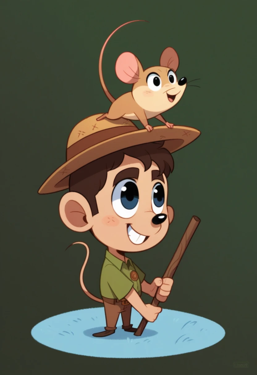 Cartoon of boy with straw hat on his head, With a wooden stick in his hand, Red Cliff, style of Maple Valley, Bob, Maple Valley, Nature Druid, Adventure Island, Maple Valley indiana jones, Adventure Island mouse, Dwarf druids, character art of Maple Valley...