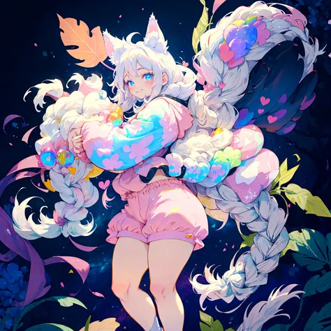 a cute adult male with wolf ears, long white hair, long locks, has a wolf tail, thick thighs, wide hips, short, wearing pink rom...