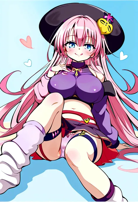 To Love-Ru、Purple off-the-shoulder mini skirt dress、Pink Hair、Big Breasts、White panties、Light purple loose socks、Provocative look、Raw thighs、Light blue eyes、Garter belt on left thigh only