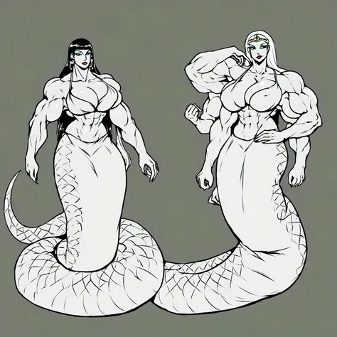 Lamia, long snake tail, cleopatra long hair, extreme muscle, big breasts, 6 arms, full body.