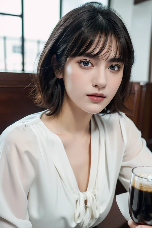 (award winning, 8k, super detailed, high resolution, best quality, photography, portrait), 1girl, solo, beautiful girl, beautiful eyes, detailed eyes, (black eye), white blouse, short hair, black hair, sitting in cafe, POV, ((upper body))