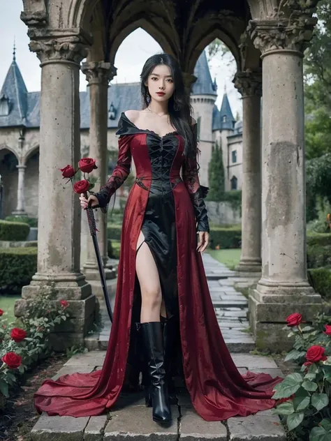 A long-haired Asian woman with a black rose bouquet on her left, held a sword with a thick red liquid dripping from her sword. She wears a long gothic-style dress in red maroon blending black, and high boots in black and white. In an old castle with a gard...